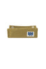 A folded olive green / mud yellow canvas pouch with a white rectangular patch , set against a plain white background.