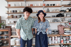 Incense Harbour Convertible Collar Half Sleeves Shirt - Fish pattern printed on broadcloth (Blue) - GLUE Associates
