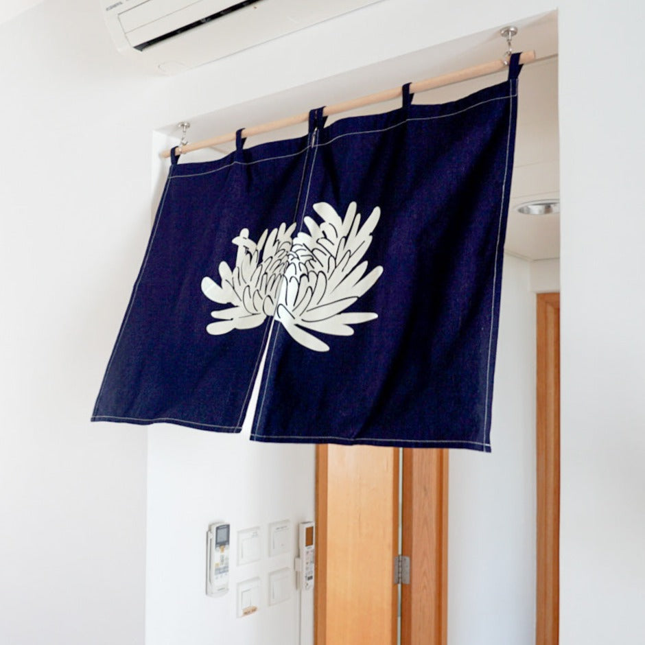 GOC indigo chrysanthemum short door curtain - GLUE Associates
