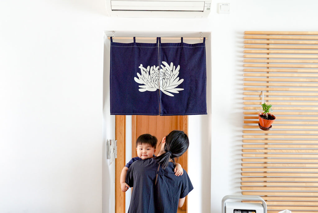 GOC indigo chrysanthemum short door curtain - GLUE Associates