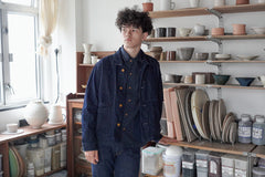 Incense Harbour Stand Collar Day Jacket - Cotton linen indigo twill with neps
