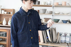 Incense Harbour Stand Collar Day Jacket - Cotton linen indigo twill with neps