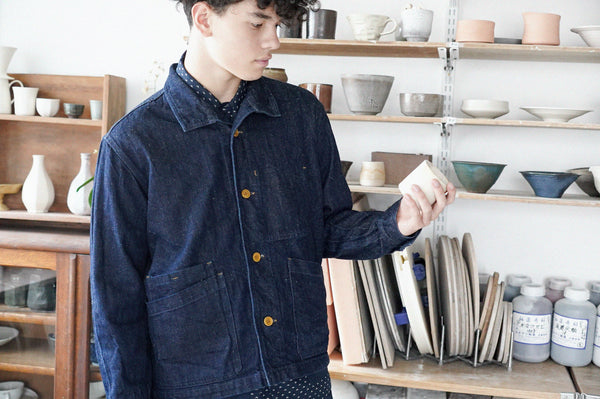 Incense Harbour Stand Collar Day Jacket - Cotton linen indigo twill with neps - GLUE Associates