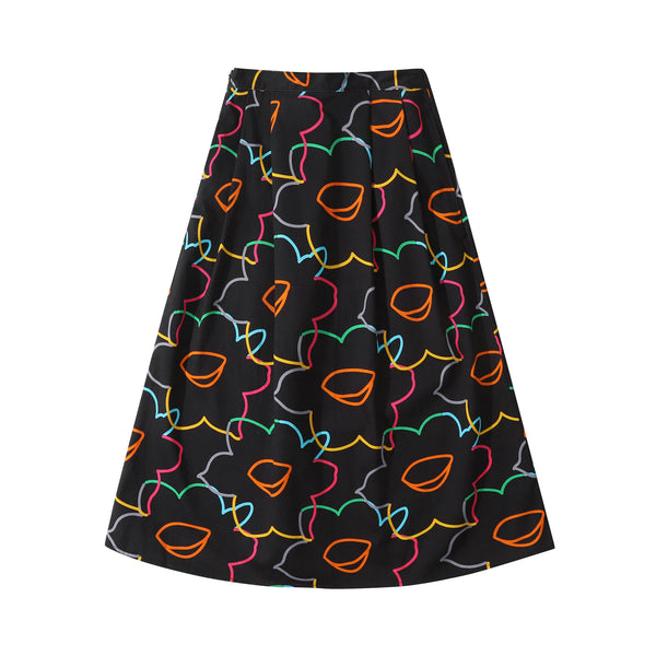 Floral cotton mid-length a line skirt - neon crowded daffodils black - GLUE Associates