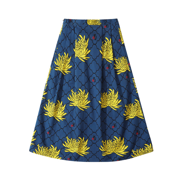 Floral cotton mid-length a line skirt - Chrysanthemum navy - GLUE Associates