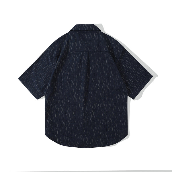 Incense Harbour Convertible Collar Half Sleeves Shirt - Strips discharge indigo-dyed slub cotton - GLUE Associates