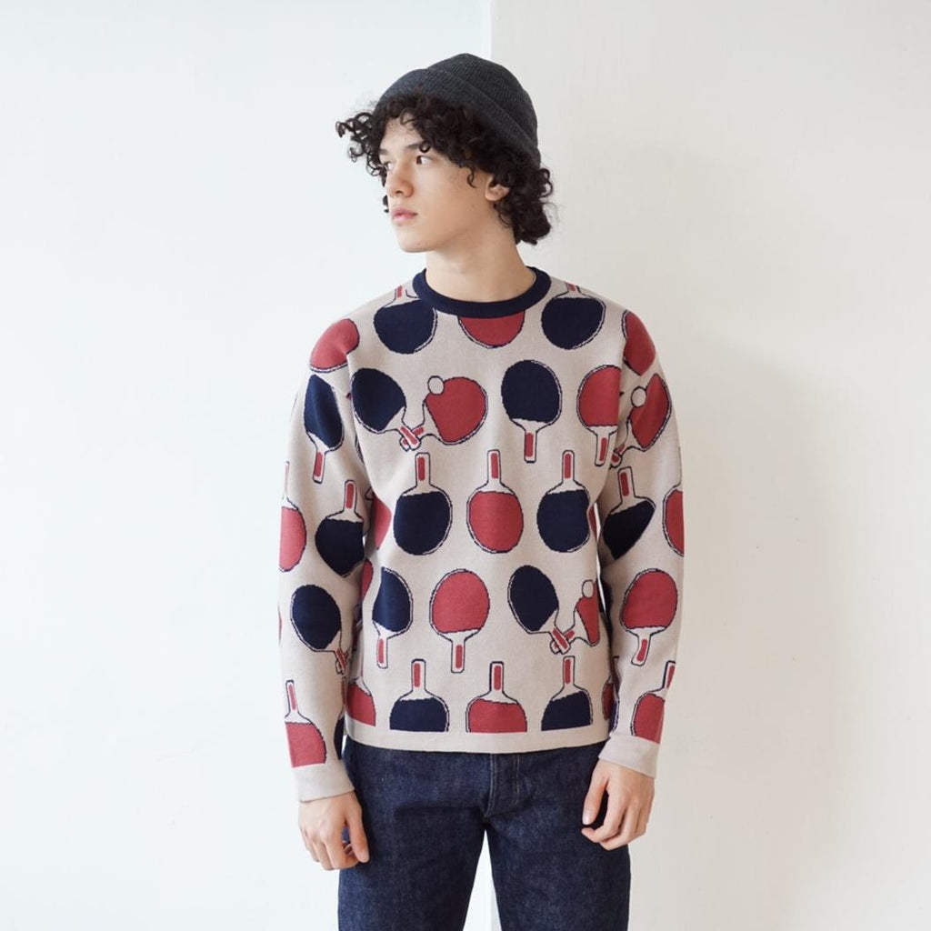 Retro sports double knit cotton crew neck sweater - ping pong - GLUE Associates