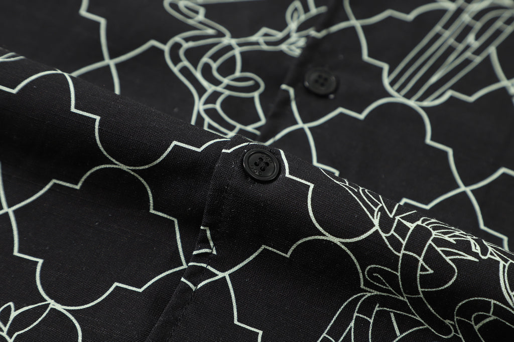 close up of corozo button closure on a Hong Kong made GOC Studio black lucky bamboo Tencel linen shirt