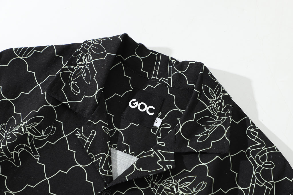 collar view of a Hong Kong made GOC Studio black lucky bamboo Tencel linen shirt