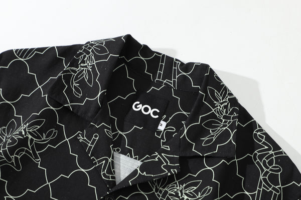 collar view of a Hong Kong made GOC Studio black lucky bamboo Tencel linen shirt