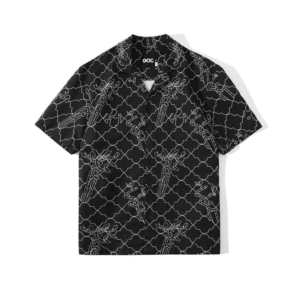 front view of a Hong Kong made GOC Studio black lucky bamboo Tencel linen shirt