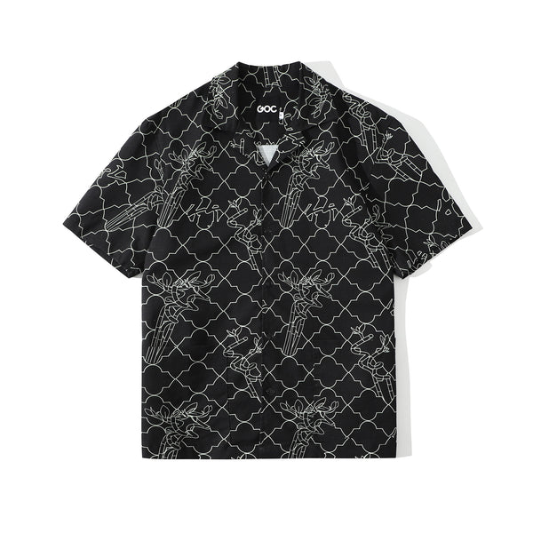 front view of a Hong Kong made GOC Studio black lucky bamboo Tencel linen shirt