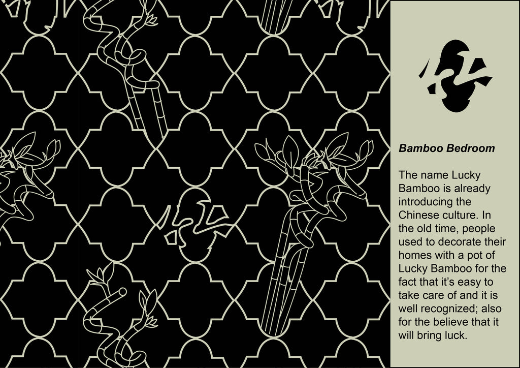 Design concept infographic illustrating the cultural story of the lucky bamboo pattern, symbolizing home decoration and good fortune.