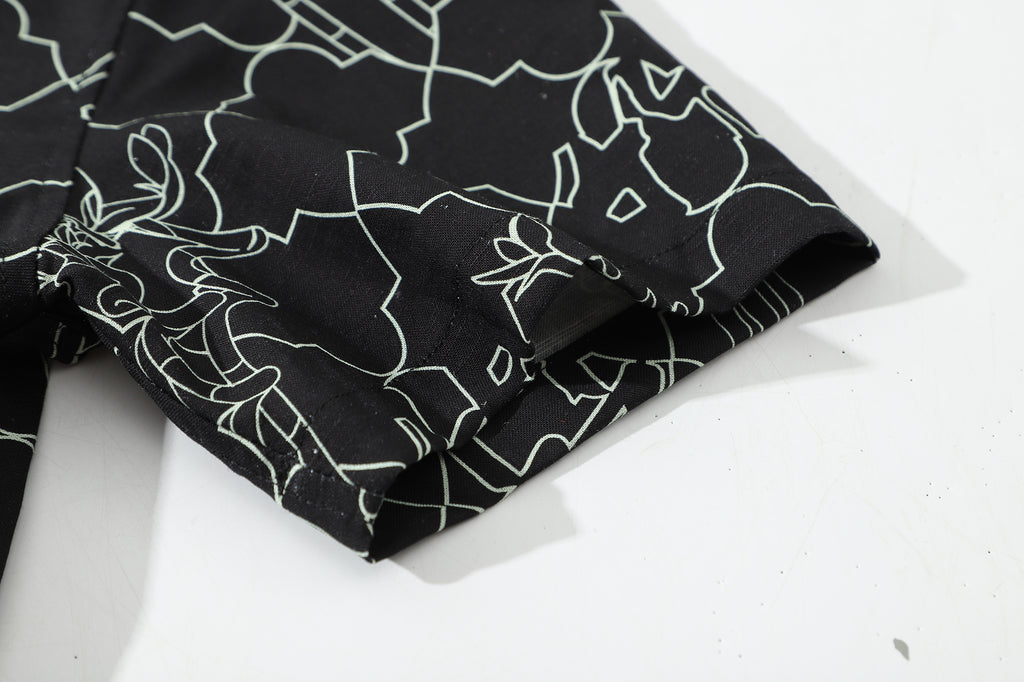close up of sleeve hem and stitching detail on a Hong Kong made GOC Studio black lucky bamboo Tencel linen shirt