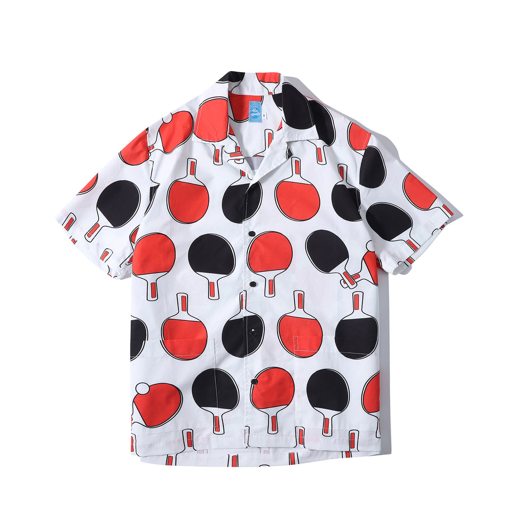 front view of a Hong Kong made GOC Studio black and red ping pong cotton poplin shirt