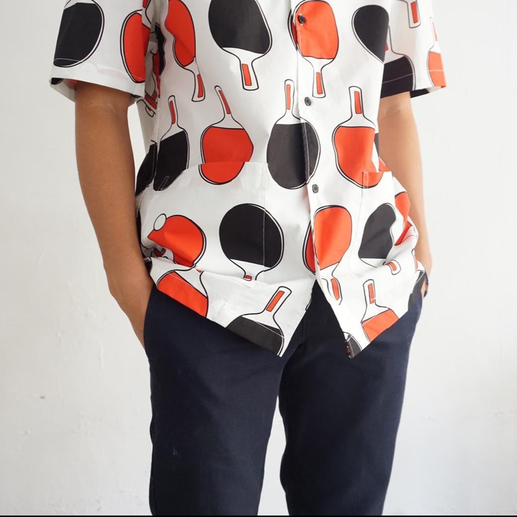 male model close up shot of a Hong Kong made GOC Studio black and red ping pong cotton poplin shirt