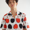 male model mid-shot of a Hong Kong made GOC Studio black and red ping pong cotton poplin shirt