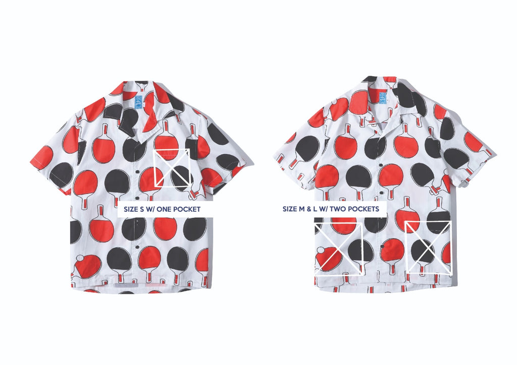 pocket position of a Hong Kong made GOC Studio black and red ping pong cotton poplin shirt