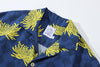 collar view of a Hong Kong made GOC Studio blue and yellow chrysanthemum cotton shirt
