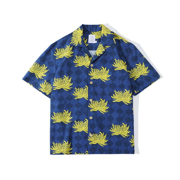front view of a Hong Kong made GOC Studio blue and yellow chrysanthemum cotton shirt