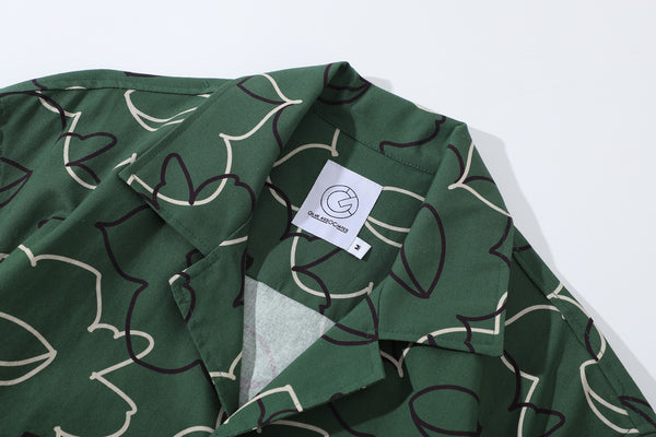 collar view of a Hong Kong made GOC Studio green daffodil Tencel linen shirt