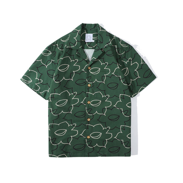 front view of a Hong Kong made GOC Studio green daffodil Tencel linen shirt