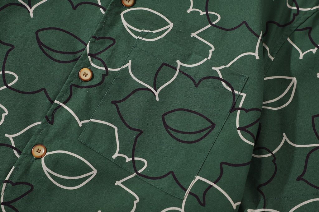 close up of matching pattered chest pocket on a Hong Kong made GOC Studio green daffodil Tencel linen shirt