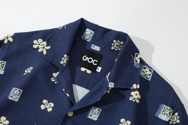 collar view of a Hong Kong made GOC Studio navy retro pixelated floral Tencel linen shirt