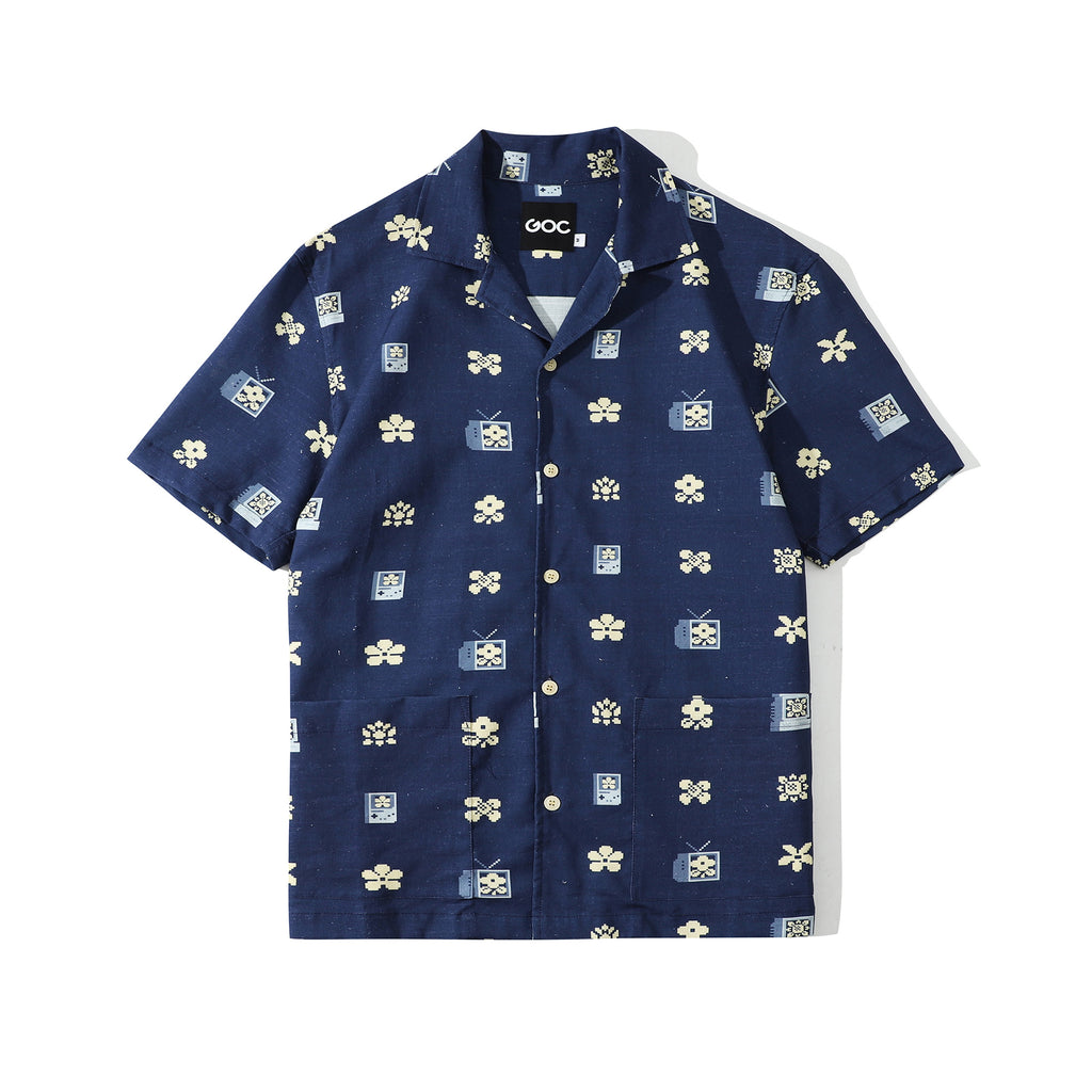 front view of a Hong Kong made GOC Studio navy retro pixelated floral Tencel linen shirt