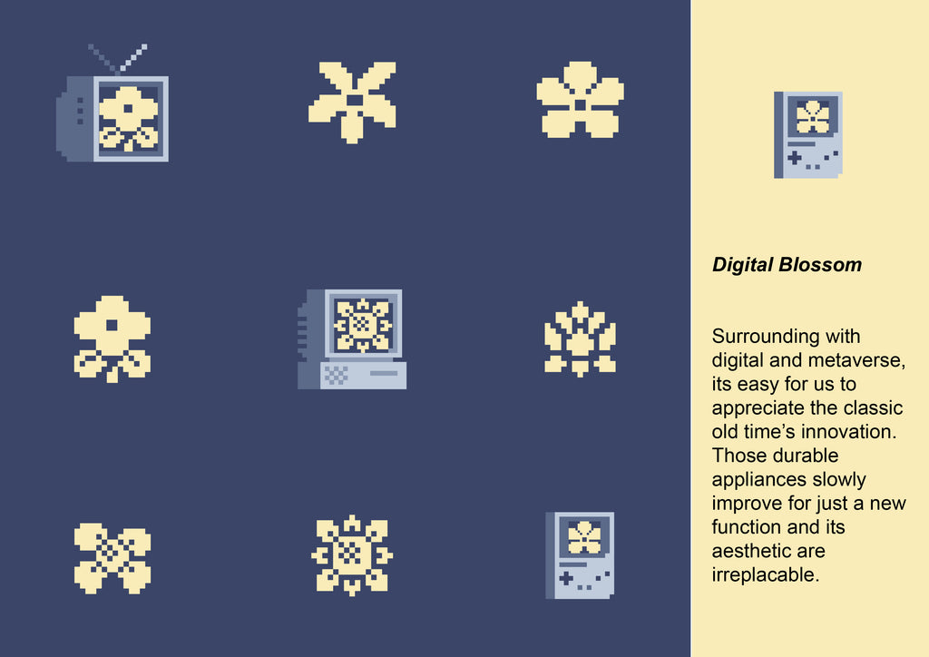 Design concept infographic explaining the story behind the Digital Blossom pattern, blending nostalgic retro tech elements like the Game Boy with traditional floral prints.