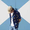 model mid-shot of a Hong Kong made GOC Studio navy retro pixelated floral Tencel linen shirt