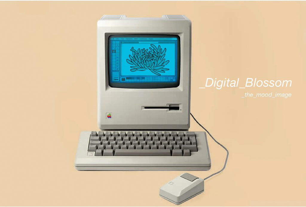 mood image of explaining the story behind the Digital Blossom pattern, blending nostalgic retro tech elements like the computer with traditional floral prints.