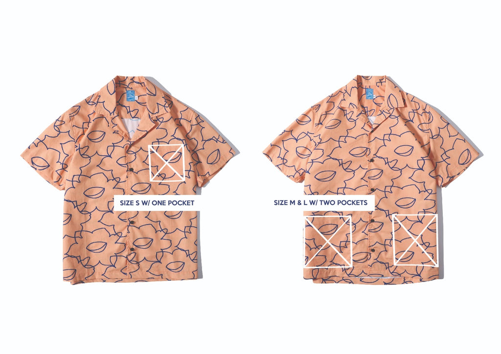 pocket position of a Hong Kong made GOC Studio orange daffodil cotton poplin shirt