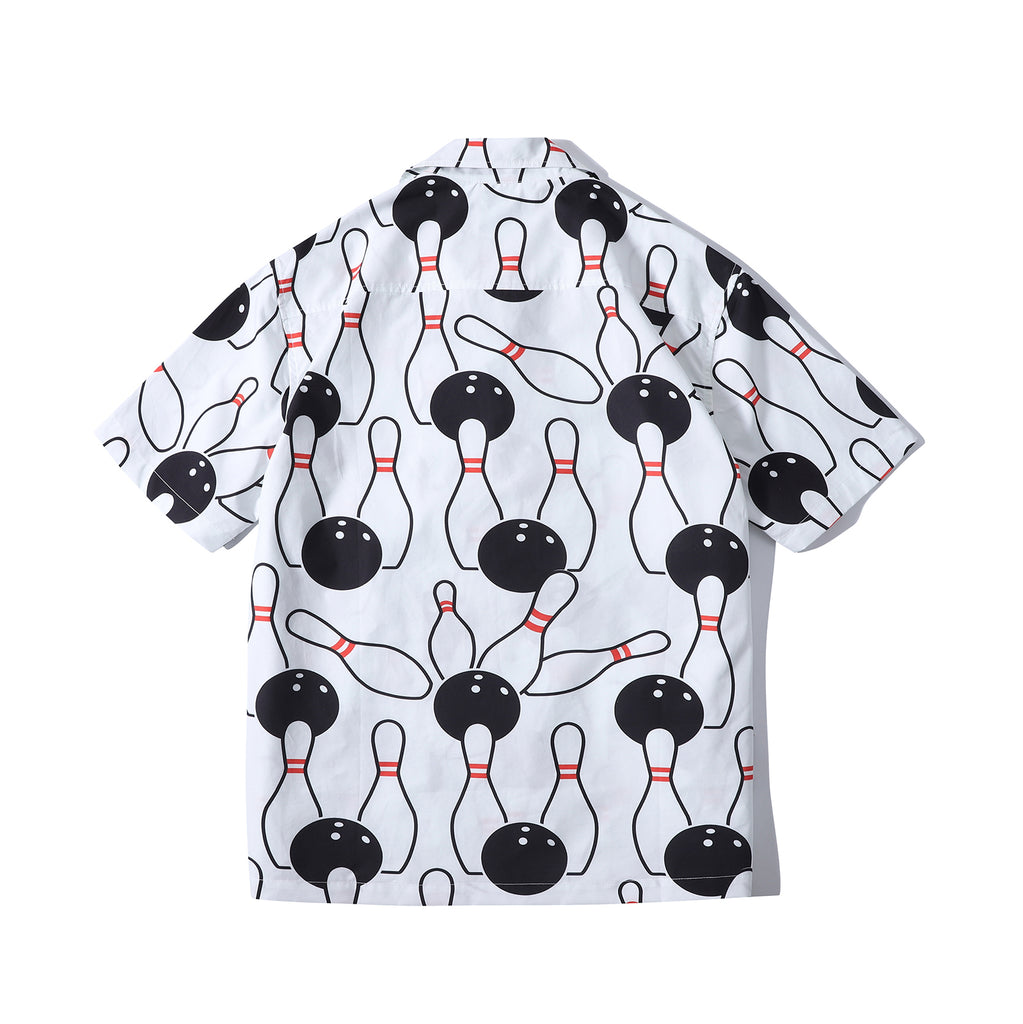 back view of a Hong Kong made GOC Studio white and black bowling cotton poplin shirt