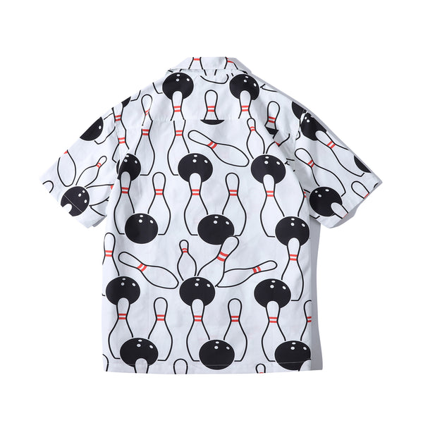 back view of a Hong Kong made GOC Studio white and black bowling cotton poplin shirt