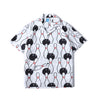 front view of a Hong Kong made GOC Studio white and black bowling cotton poplin shirt