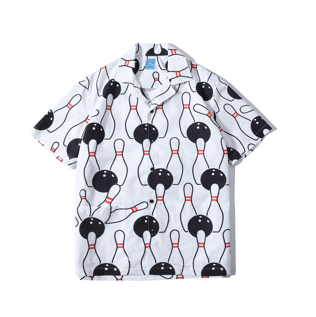 front view of a Hong Kong made GOC Studio white and black bowling cotton poplin shirt