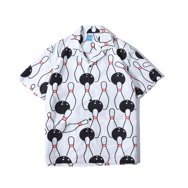 front view of a Hong Kong made GOC Studio white and black bowling cotton poplin shirt