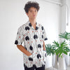 model mid-shot of a Hong Kong made GOC Studio white and black bowling cotton poplin shirt