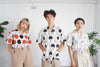 male model full shot of a Hong Kong made GOC Studio white and black bowling cotton poplin shirt