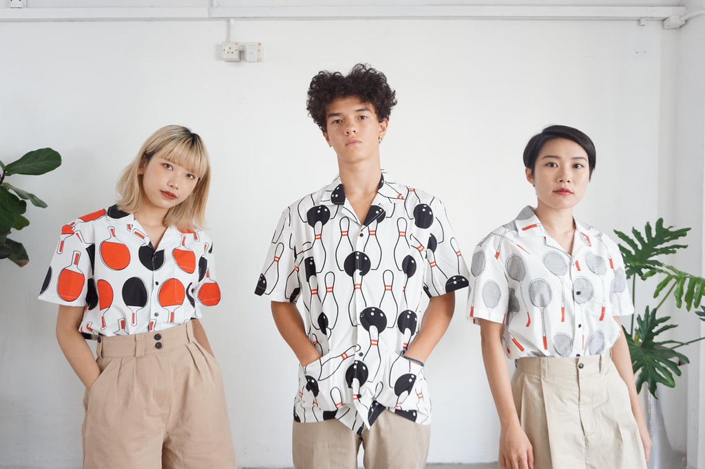 male model full shot of a Hong Kong made GOC Studio white and black bowling cotton poplin shirt