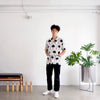 model full shot of a Hong Kong made GOC Studio white and black bowling cotton poplin shirt
