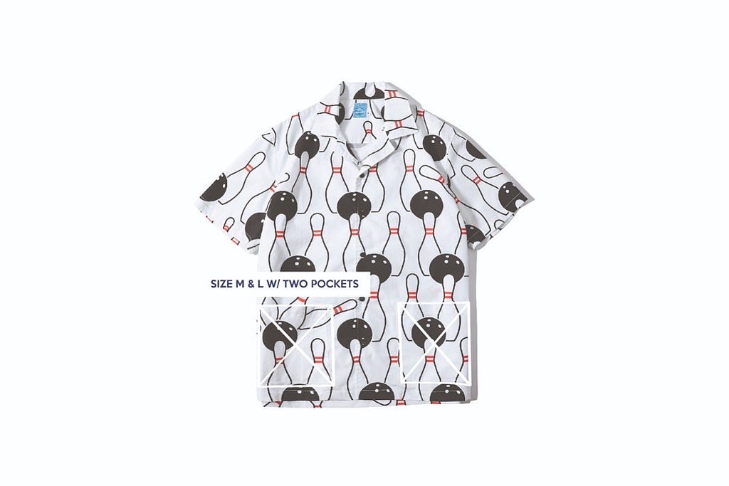 pocket position of a Hong Kong made GOC Studio white and black bowling cotton poplin shirt
