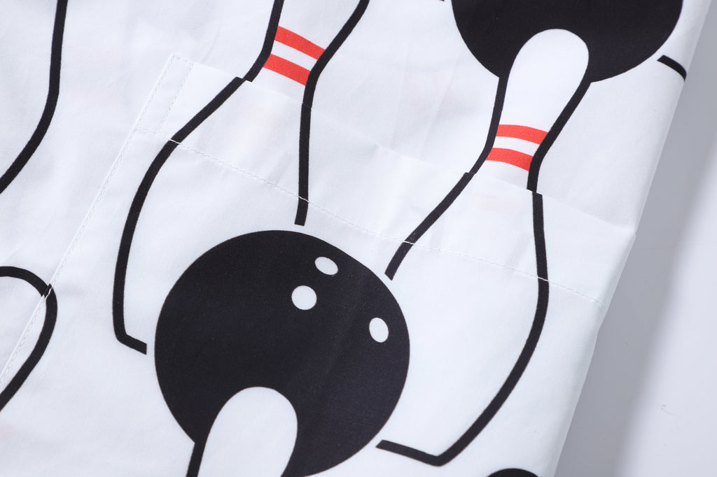 close up of matching patterned patch pocket on a Hong Kong made GOC Studio white and black bowling cotton poplin shirt