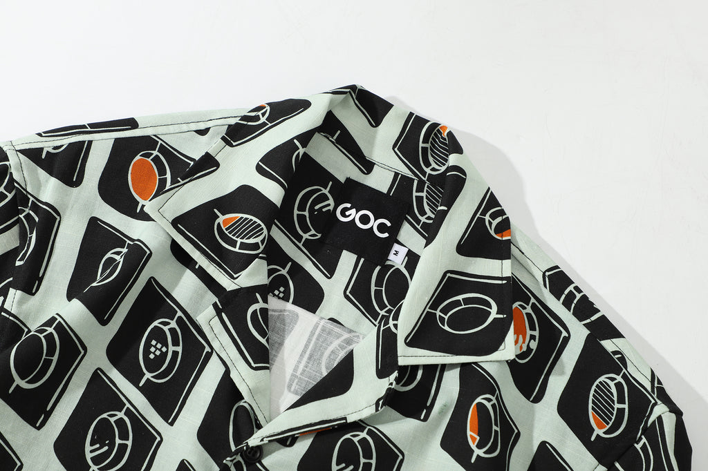 collar view of a Hong Kong made GOC Studio white and black circle windows Tencel linen shirt