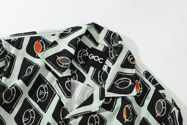 collar view of a Hong Kong made GOC Studio white and black circle windows Tencel linen shirt