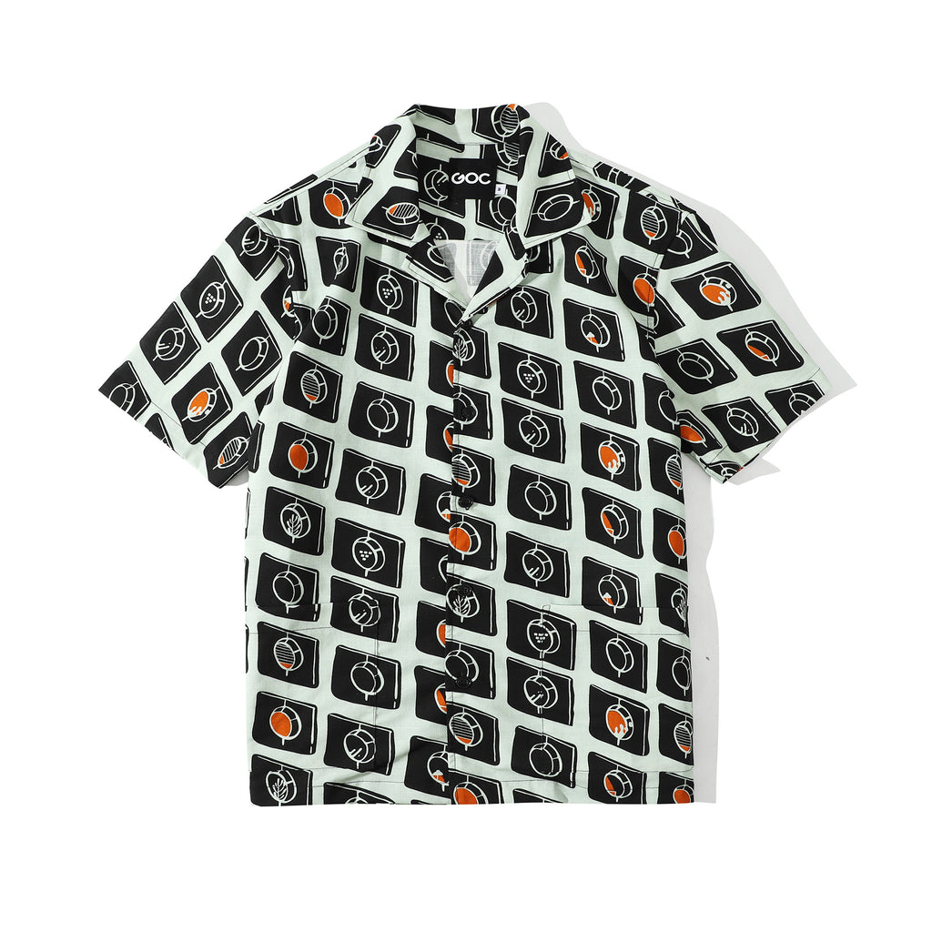 front view of a Hong Kong made GOC Studio white and black circle windows Tencel linen shirt