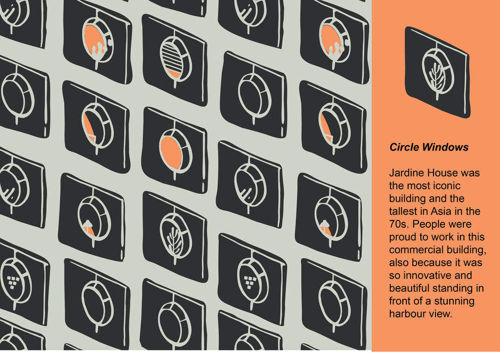 design concept infographic explaining the circle windows pattern inspired by the iconic 1970s Jardine House architecture in Hong Kong