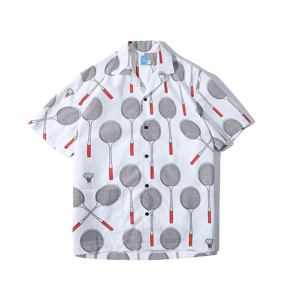 front view of a Hong Kong made GOC Studio white and red badminton cotton poplin shirt