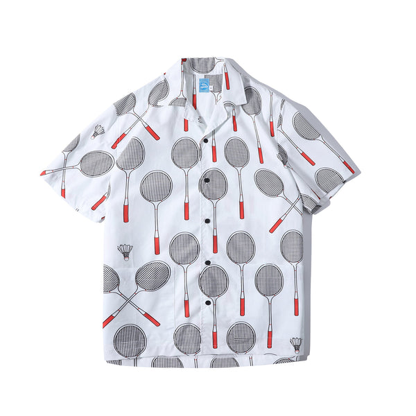 front view of a Hong Kong made GOC Studio white and red badminton cotton poplin shirt